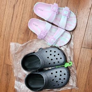 Kids Glitter Crocs and tie dye slides